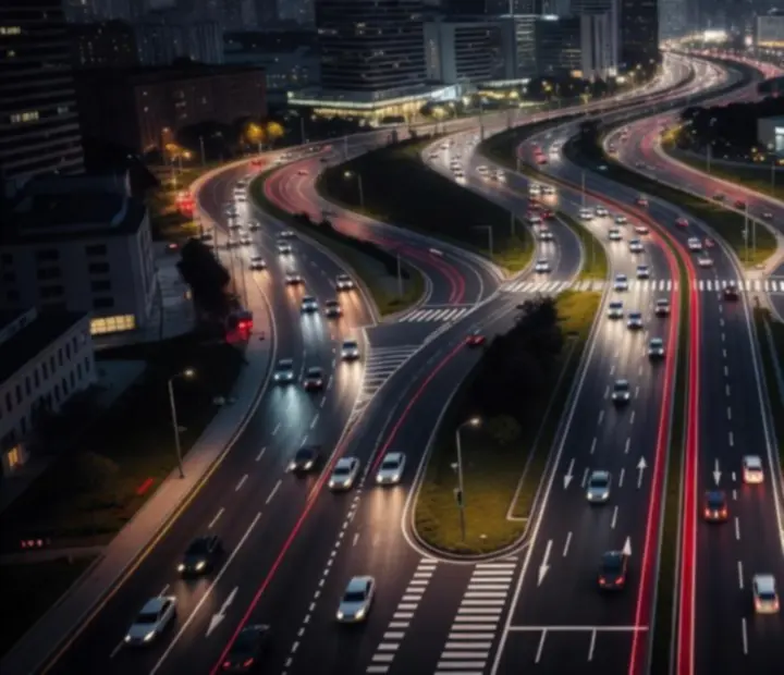 Carte de la ville avec routes nocturnes éclairées dans Car Driving Traffic Simulator