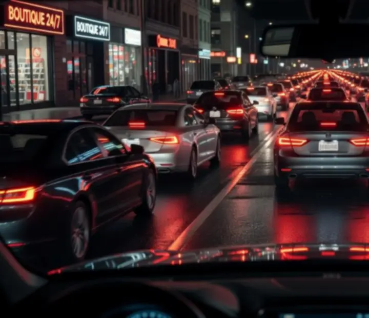 Trafic urbain nocturne avec néons et phares de voitures