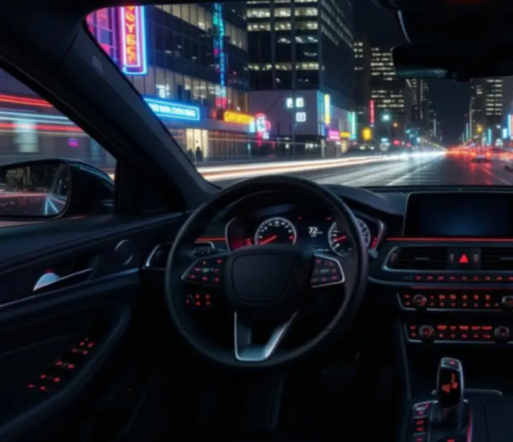 Vue cockpit dans une voiture roulant de nuit en ville