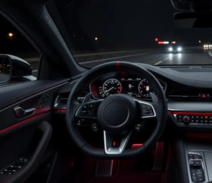 Vue cockpit avec tableau de bord lumineux dans une voiture de nuit