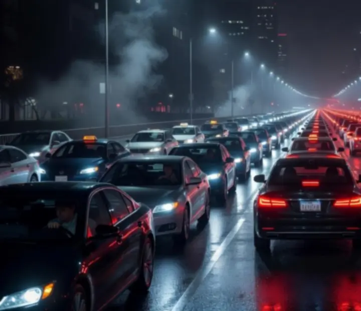 Embouteillage routier avec longues files de voitures en ville