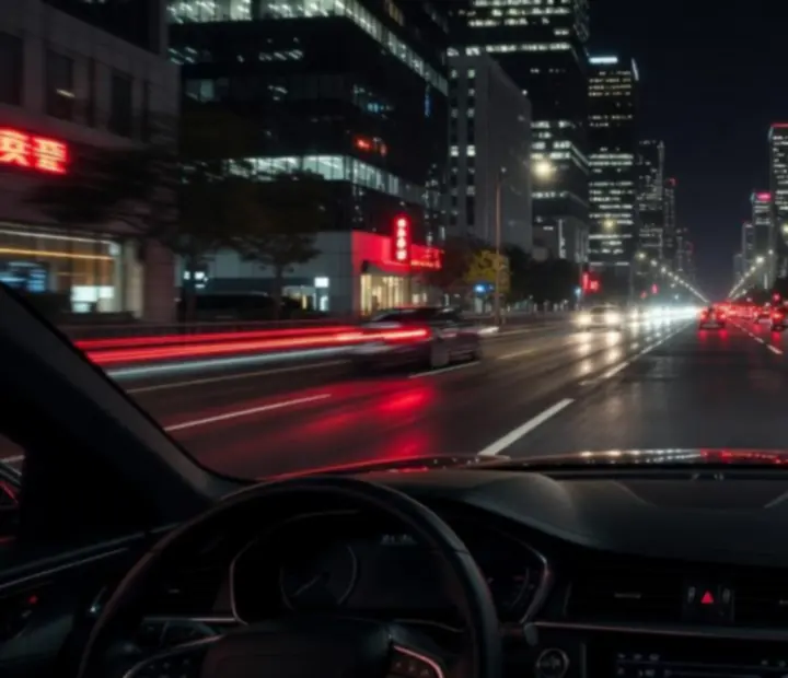 Skyline urbain de nuit avec circulation lumineuse sur une grande avenue