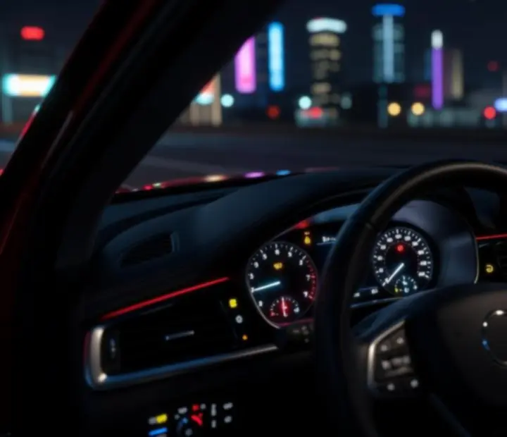 Tableau de bord numérique nocturne d’une voiture dans la circulation urbaine