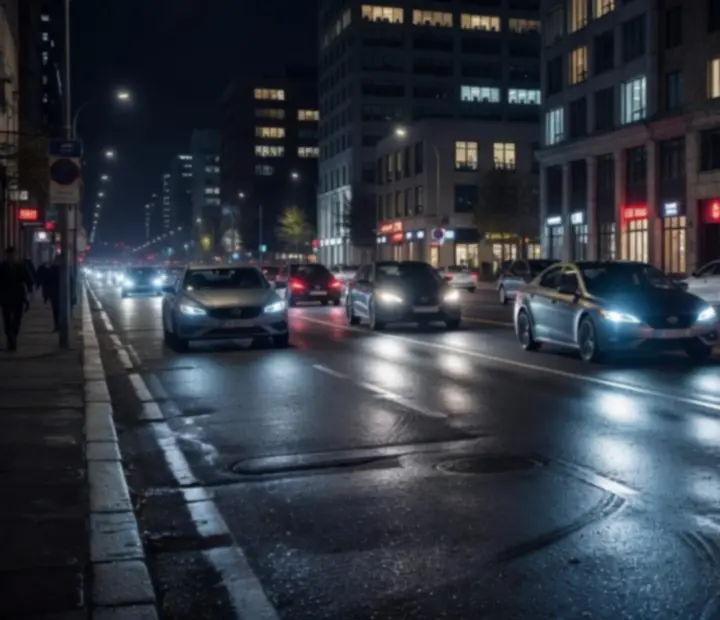 Vue aérienne d'une ville animée de nuit avec un trafic fluide sur plusieurs voies