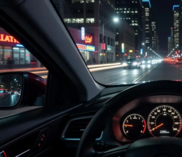 Vue cockpit de nuit dans une ville éclairée dans Car Driving Traffic Simulator