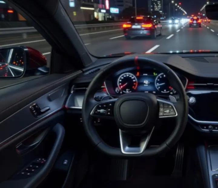 Vue cockpit tableau de bord d'une voiture avec la route illuminée de nuit