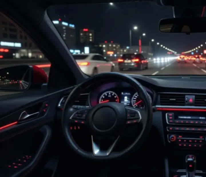 Vue tableau de bord de nuit dans Car Driving Traffic Simulator, circulation urbaine lumineuse